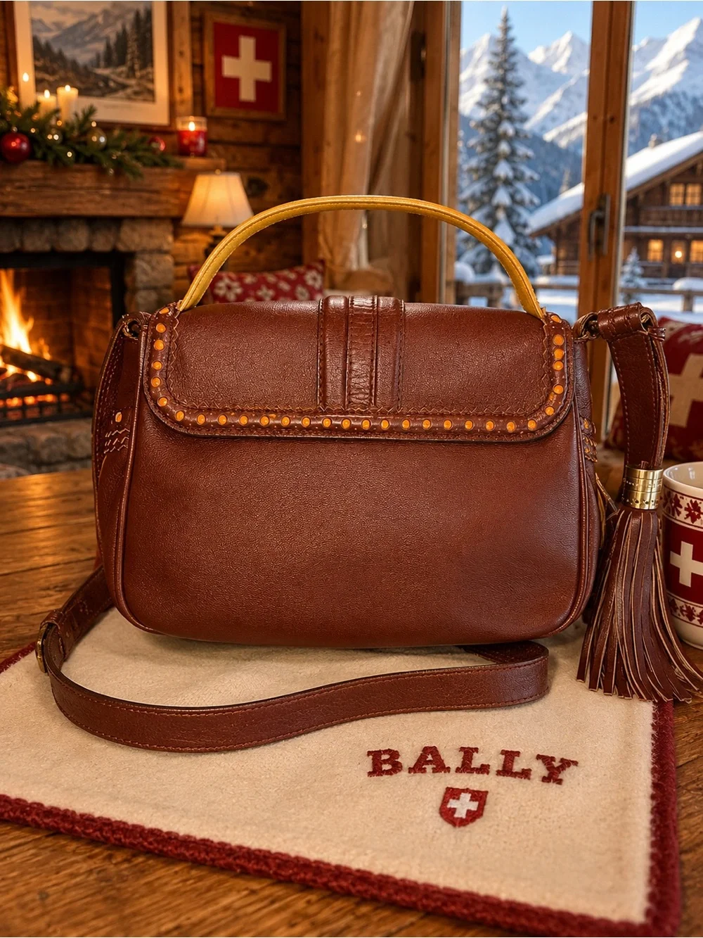 Bally Brown Leather Tassel 2-Way & Crossbody Turn Lock | Italian Leather | Rare